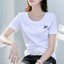 Silk cotton T-shirt women's 80 count double-sided pure cotton short sleeved versatile basic embroidered swan short sleeved shirt