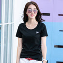 Silk cotton T-shirt women's 80 count double-sided pure cotton short sleeved versatile basic embroidered swan short sleeved shirt