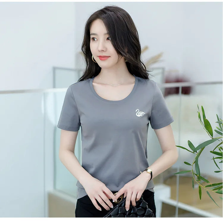 Silk cotton T-shirt women's 80 count double-sided pure cotton short sleeved versatile basic embroidered swan short sleeved shirt